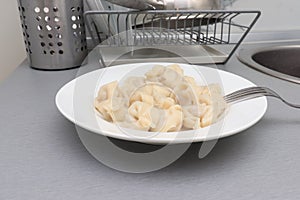 Traditional tasty hot boiled russian pelmeni, ravioli, dumplings with meat on white ceramic plate in kitchen interior after