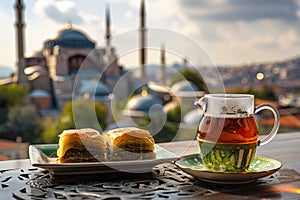 Traditional Tea and Baklava Overlooking a Mosque During Kurban Bayram