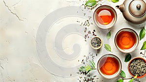 Traditional Tea ceremony flat lay backdrop. Tea pot and cups with on the grey surface.