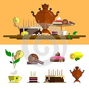 Traditional tea ceremony with samovar. Vector icons set in flat style. Design elements, cup, cake, chocolate, lemon, cookies, swee