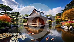 Traditional tea house beside a koi pond
