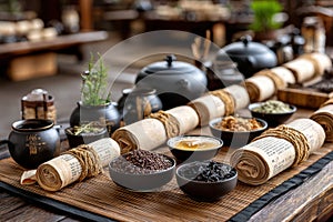 Traditional tea preparation with herbs and scrolls in a rustic setting