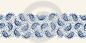 Traditional Textured Hand Painted Classic Blue Paisley Vector Seamless Pattern Border. Classic Background Shawl Print