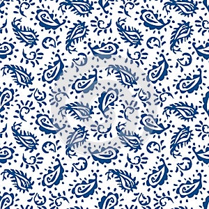 Traditional Textured Hand Painted Classic Blue Paisley Vector Seamless Pattern. Classic Background Shawl Print