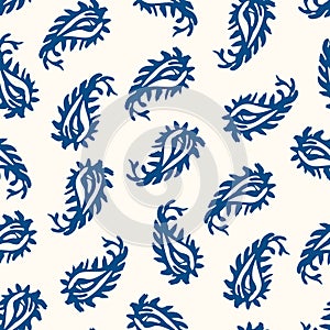 Traditional Textured Hand Painted Classic Blue Paisley Vector Seamless Pattern. Classic Foulard Print