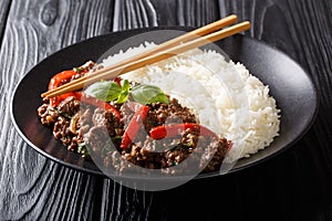 Traditional Thai Basil Beef, or Pad Gra Prow over white rice closeup on a plate. horizontal photo