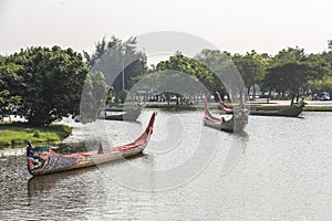 Traditional thai boats on lake in ancient city, Bangkok