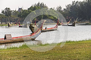 Traditional thai boats on lake in ancient city, Bangkok