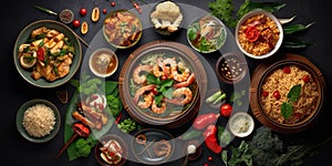 Traditional Thai food on dark background. Oriental food concept