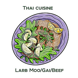 Traditional Thai food. Larb Moo, Gai, Beef on white background. Isolated vector illustration photo