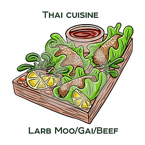 Traditional Thai food. Larb Moo, Gai, Beef on white background. Isolated vector illustration photo