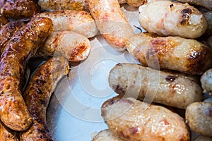 Traditional Thai food, pork sausage at street market, Thailand