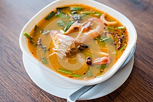 Traditional Thai Food River prawn spicy soup, Tom Yum Goong, Tha