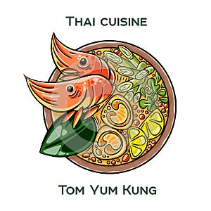 Traditional Thai food. Tom Yum Kung on white background. Isolated vector illustration