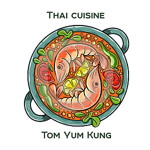 Traditional Thai food. Tom Yum Kung on white background. Isolated vector illustration