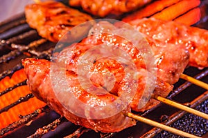 Traditional Thai Isaan Sausage roasted on the charcoal grill background. Asian, Thai styled street food appetizer