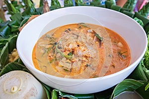 Traditional Thai kaeng phet red curry  in a bowl