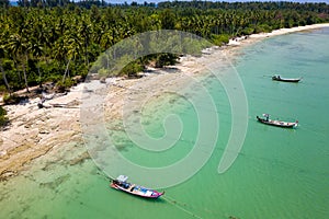 Traditional Thai Longtail fishing boats anchored off a small, palm tree lined tropical beach (Khao Lak, Thailand