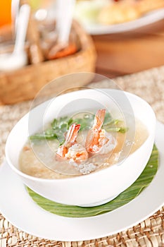 Traditional Thai porridge rice gruel and shrimp in bowl