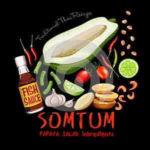 Traditional thai recipe somtum papaya salad ingredients