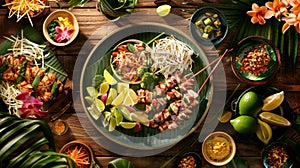 Traditional Thai Som Tum with fresh shrimp in a bowl. Colorful Thai papaya salad garnished with vegetables and herbs