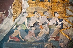 Traditional Thai style painting on the temple wall