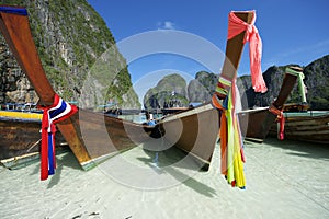 Traditional Thai Wooden Longtail Boats Maya Bay