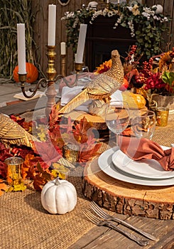 Traditional thankgiving celebration pumpkins sunlight romantic rustic dinner. Thankgiving table set