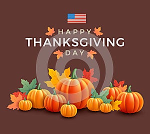Traditional Thanksgiving Day design with orange pumpkins and the United States flag - brown background vector