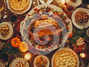 Traditional Thanksgiving Dinner Spread on a Festive Table with Roasted Turkey, Sides, and Pumpkin Decor