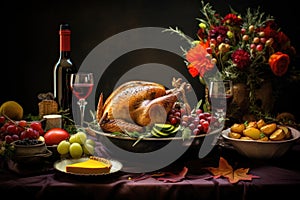 Traditional Thanksgiving dinner on the table. Baked turkey , mashed potatoes, dressing, pumpkin pie and sides. Bottle of