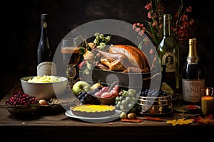 Traditional Thanksgiving dinner on the table. Baked turkey , mashed potatoes, dressing, pumpkin pie and sides. Bottle of