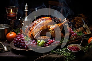 Traditional Thanksgiving dinner on the table. Turkey , mashed potatoes, dressing, pumpkin pie and sides on the table