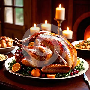 Traditional Thanksgiving meal of roast turkey, festive tradtion to share with family