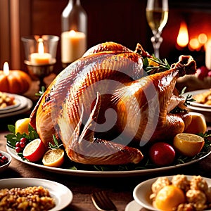 Traditional Thanksgiving meal of roast turkey, festive tradtion to share with family