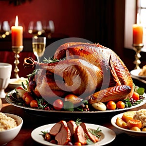 Traditional Thanksgiving meal of roast turkey, festive tradtion to share with family