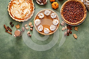 Traditional Thanksgiving pies with pumpkin pie in the middle