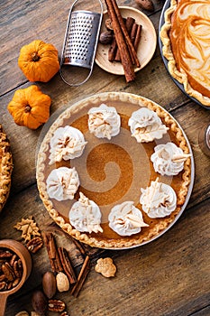 Traditional Thanksgiving pies with pumpkin pie in the middle