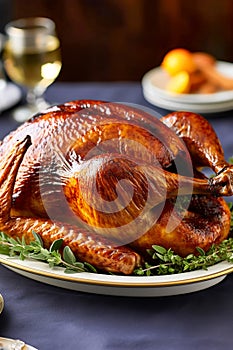 Traditional Thanksgiving roasted turkey on plate garnished with thyme sprigs. Holiday meal festive table setting