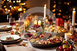 Traditional Thanksgiving turkey dinner. Turkey, mashed potatoes, dressing, pumpkin pie and sides. On wooden table.