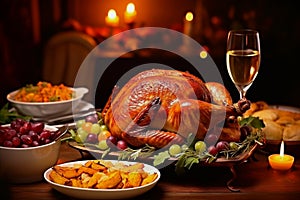 Traditional Thanksgiving turkey dinner, wine various dishes very delicious dinner celebration