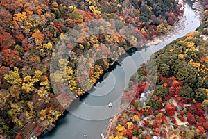 Traditional touris travel boat on the river in Kyoto city with autumn season background photo