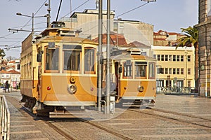 Traditional trams in old Porto city