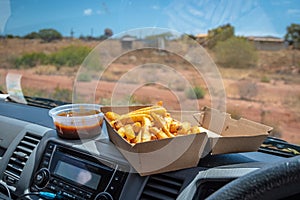 Traditional trucker dish fries and gravy in Carnarvon Western Australia