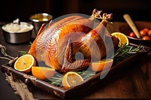 Traditional turkey with savory spices for festive Thanksgiving day dinner. Generative AI