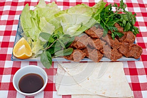 Traditional Turkish appetizer Cigkofte with lavash