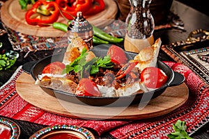 Traditional Turkish, Arabic cuisine. Ali Nazik Kebab. Chopped lamb with eggplant, yogurt and garlic. Ottoman food photo