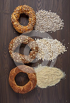 Traditional Turkish bagel , traditional breakfast bread with sesame, sunflower seed, oatmeals and butter, Turkish name `simit` ,