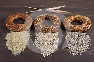Traditional Turkish bagel , traditional breakfast bread with sesame, sunflower seed, oatmeals and butter, Turkish name `simit` ,