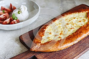 Traditional Turkish baked pide dish. Middle Eastern snacks